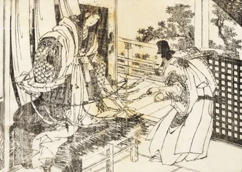 Une Femme dans un Sanctuaire Shinto avec un Bâton et Beaucoup de Feuilles de Papier